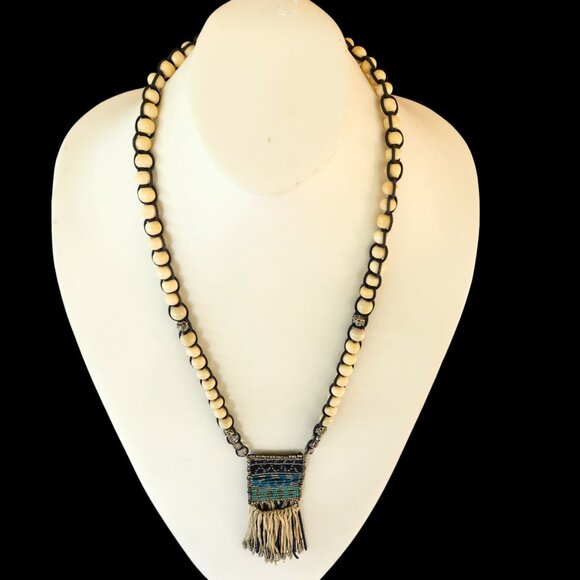 Chico's Boho Beaded Necklace Tassel Pendant Ethnic Wood Acrylic Cream Blue Green - Picture 9 of 11